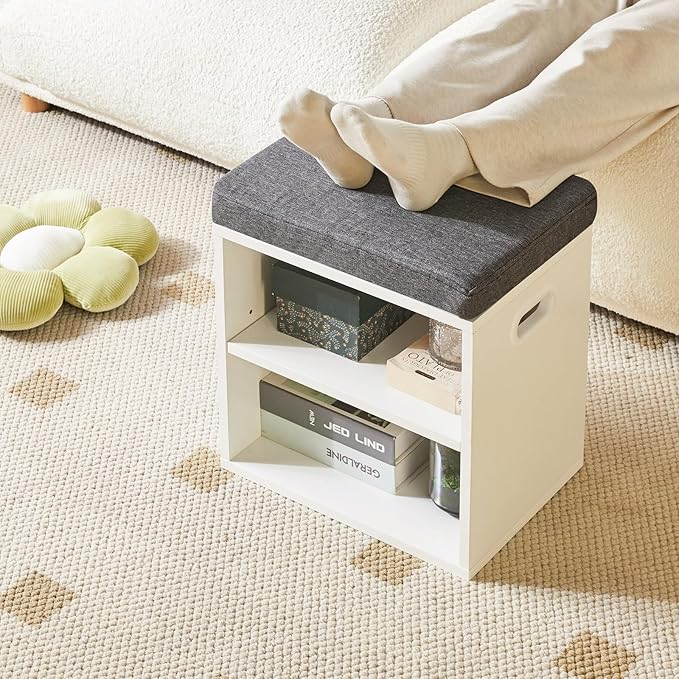 YMYNY Shoe Storage Bench with Cushion, 2 Tier Shoe Rack with Padded Seat, Adjustable Shoe Organizer Cabinet for Entryway, Living Room, Hallway, Closet, Bedroom, 15.4L*11W*16.54H, White, UHBD028W