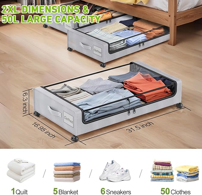 Under Bed Storage with Wheels, 2 Pack Under bed Storage Containers with Clear Lids & Zippers, Under Bed Shoe Storage Organizer, Rolling Underbed Storage for Clothes, Shoes, Blankets (Grey)