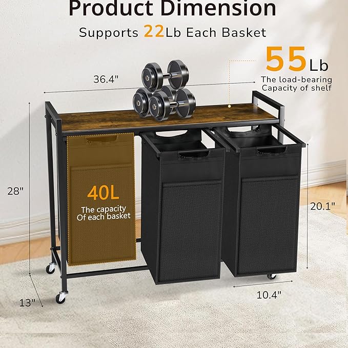 Laundry Sorter, Laundry Basket with 3 Pull-Out Removable Oxford Fabric Bags, 3 x 10.6 Gallons, Total 120L, Cloth Laundry Hamper with a Top Shelf 36.4"x13" (Black and Rust)