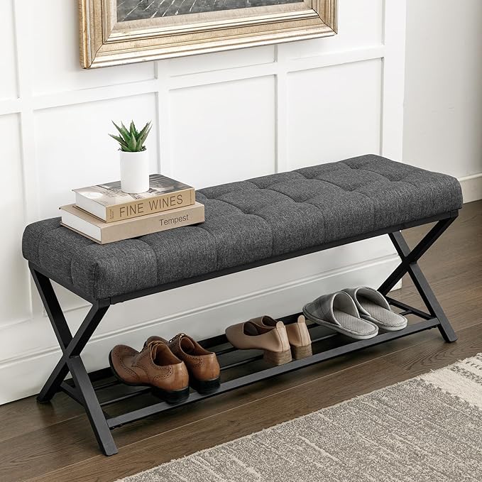 LUE BONA 44.5” End of Bed Bench with Shelf, Linen Tufted Upholstered Storage Shoe Bench, Modern Bedroom Bench with Metal Legs for Living Room, Entryway, Dining Room, 300 LB, Carbon Gray