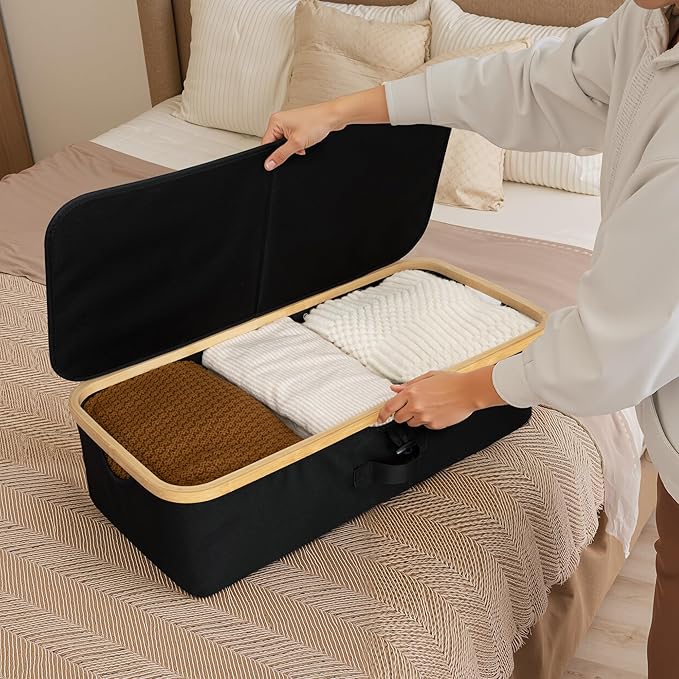 StorageWorks 2-Pack Underbed Storage Box with Bamboo Frame, 42L Flip-Top Under Bed Container for Blankets, Bed Sheets, Coverlets and Towels, Black