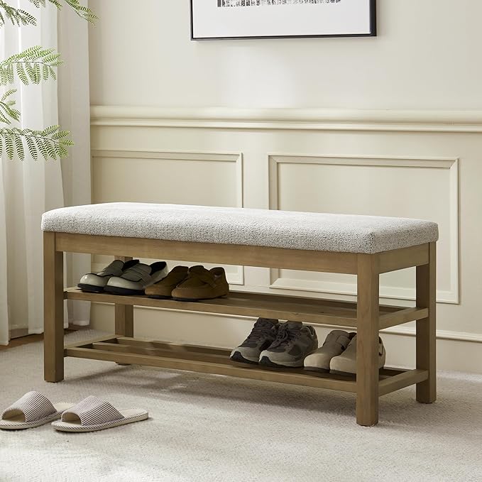 VKNOW Entryway Bench, 44.3” Upholstered Shoe Bench for Bedroom, 2-Tier Storage End of Bed Bench with Rubberwood Legs for Living Room, Hallway, Beige