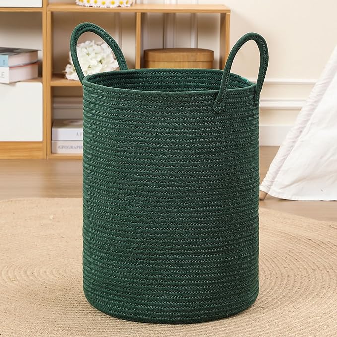 80L Large Woven Laundry Basket Hamper, 100% Natural Cotton Rope, Handwoven & Durable, Storage for Blankets, Toys, Clothes, Decorative Nursery Hamper for Living Room, Baby Room, Bedroom (Dark Green)