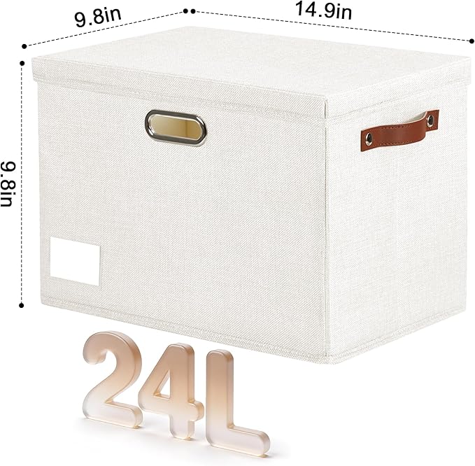 15" Large Collapsible Storage Bins with Lids, Stackable Closet Organizers with PU Handle and Labels, 3-Pack Decorative Fabric Storage Boxes for Home, Bedroom, Closet, Office, Nursery(White)