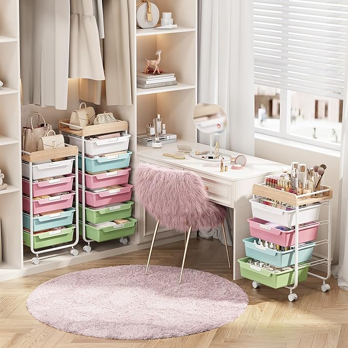 APEXCHASER Plastic Drawer Organizers with 5 Deep Drawers, Rolling Utility Cart with Wooden Top,Craft Storage Cart for Paperwork,Crafts,Snack,Kids’ Room,Nursery,Colorful