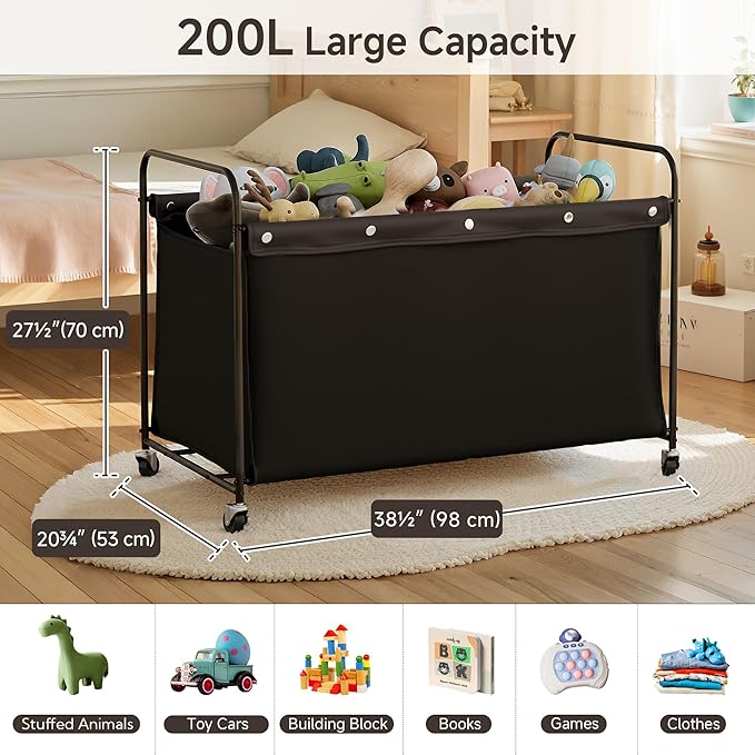 StorageWorks Toy Chest Storage with Wheels, Extra Large Kids Toy Box, Toy Storage Organizer, Metal Toybox for Bedroom, Living Room Area, Kids Room, 200L, Black