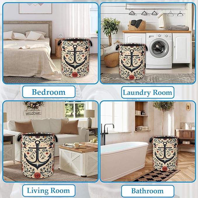 Anchor Flowers Laundry Hamper Collapsible Laundry Basket Portable Clothes Toy Storage Bin for Bathroom Bedroom Room Decor 16 X 20.8 Inch