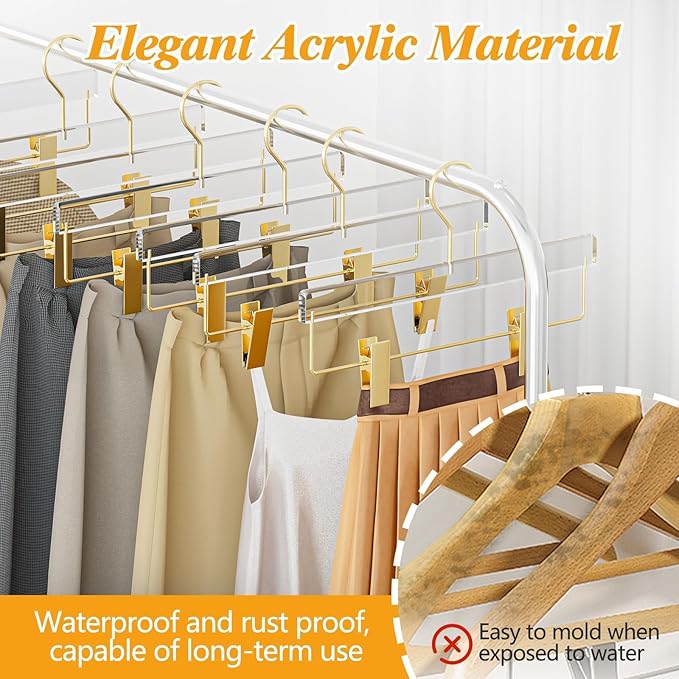 Acrylic Gold Pants Hangers 10 Pack for Trousers, Jeans, Coats, Heavy Duty Skirt Hangers for Women, Space-Saving Clothes Organizer with Non-Slip Adjustable Clips, Adults & Kids