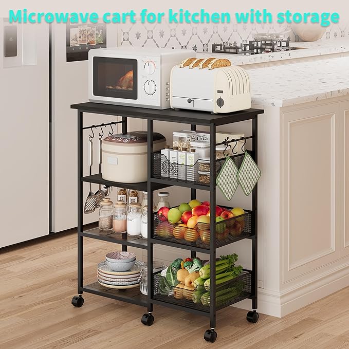 HapiRm Rolling Kitchen Carts with Storage - Microwave Table Stand with 6 Hooks & 3 Baskets, kitchen Island Cart on Lockable Wheels, 28.3" L × 14.6" W Bakers Rack Cart for Dining Room Coffee Bar Office