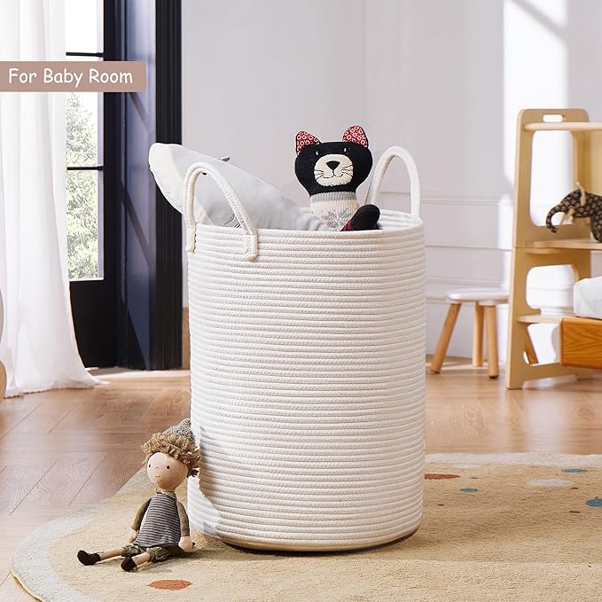 80L White Woven Hamper Laundry Basket Cotton Rope Blanket Basket for Living Room 22 inches Tall Clothes Hamper for Baby Nursery Kids in Bedroom Extra Large