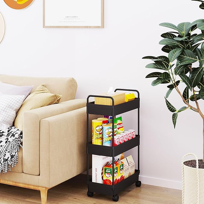 Buzowruil Rolling Storage Cart 3 Tier Organizer Mobile Shelving Unit Storage Rolling Utility Cart with Wheels for Kitchen Bathroom Laundry,Black
