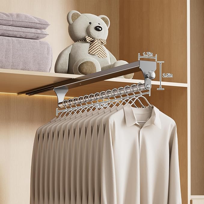 Pull Out Closet Rod, 13.7inch Heavy Duty Pants Rack, Adjustable Clothes Hanger Rail, Space Aluminum Valet Rod, Top Mounted Wardrobe Clothes Organizer, Closet Storage for Trousers Coats Gray