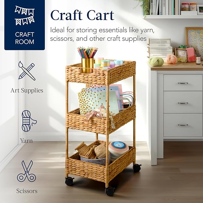 Best Choice Products 3-Tier Water Hyacinth Rolling Nursery Caddy w/Wheels, Utility Cart, Storage Organization for Bathroom, Craft Room, Laundry Room– Natural