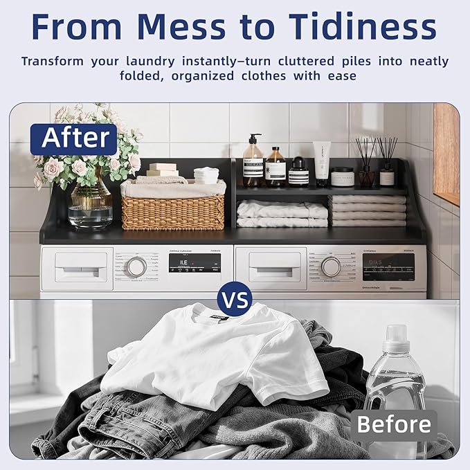 2 Tiers Washer Dryer Countertop, 54" Width x 27.5" Depth Laundry Countertop Organization, Wooden Washer and Dryer Topper for Folding, Sorting & Ironing, Easy to Install, Black