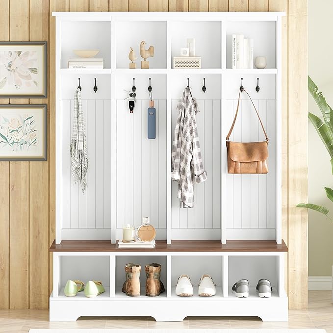 Farmhouse 59" Wide Hall Tree with 8 Hanging Hooks, Wood Grain Bench with Open Compartments, 76.7" H Entryway Shoe Rack Coat Hanger for Living Room Mudroom Hallway (White-8.26)