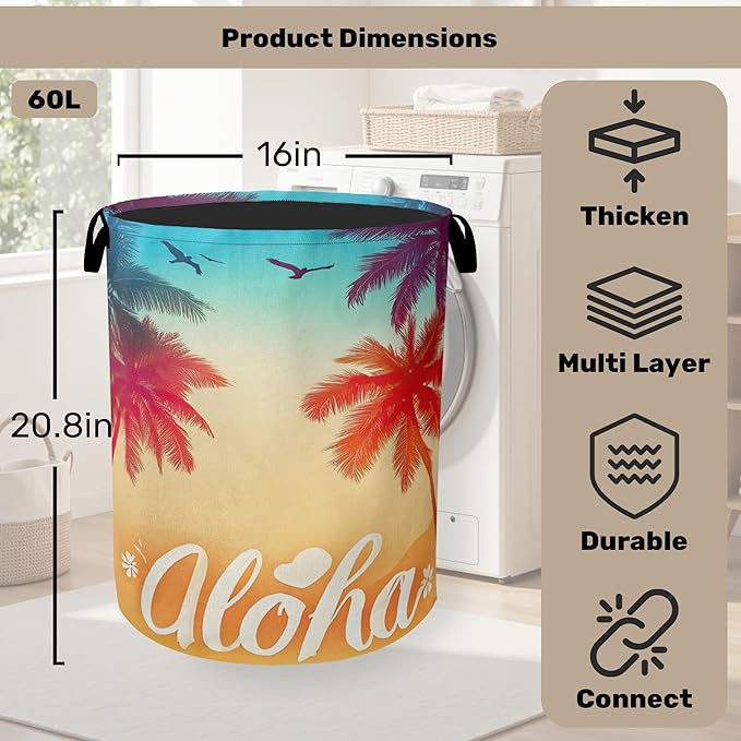 Hawaiian Sunset Foldable Canvas Laundry Basket with Handles - Storage Organizer, Heavy Duty for Home，Bedroom, Dorm, Bathroom