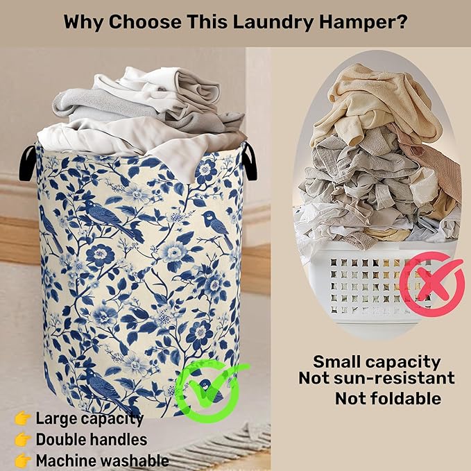 Navy Blue Beige Birds Laundry Basket - Heavy Duty 60L Dirty Clothes Organizer, Water Resistant Foldable Hamper for Men Women