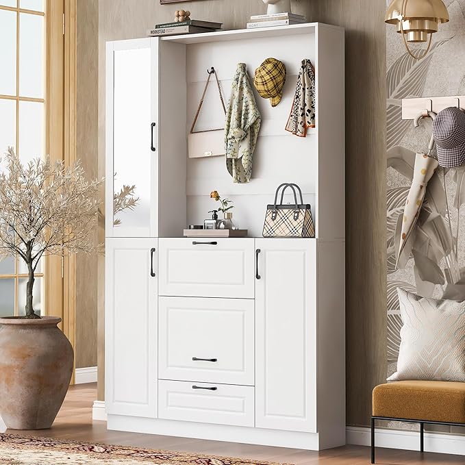 51.1'' Hall Tree with 4 Sturdy Hooks and Foldable Seat, 3-in-1 Design and Mirrored Cabinet Door, Entryway Bench with Integrated Shoe Cabinet for Living Room