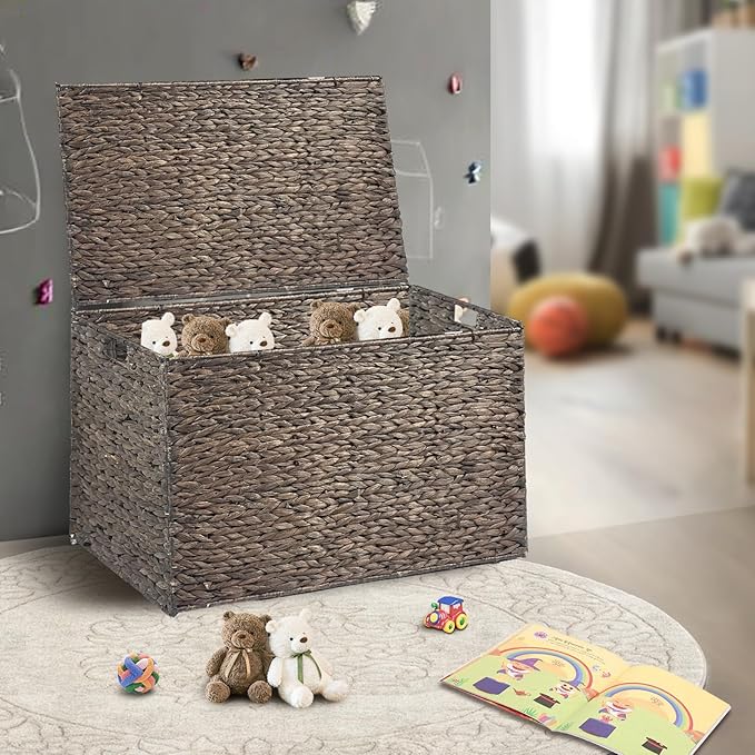 Water Hyacinth Storage Basket with Lid, 27.7 Gallon (105L) Blanket Storage Basket with Handles, Woven Storage Bin, Foldable, Metal Frame, for Bedroom, Laundry Room, Brown