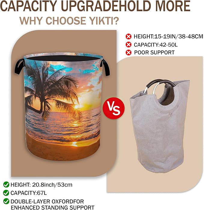 Tropical Palm Tree Laundry Hamper,Summer Beach Sunset Clothes Hamper for Laundry,Waterproof Oxford Toy Storage Collapsible Hampers for Bedroom, Dorm Room,Bathroom,16x20 Inch