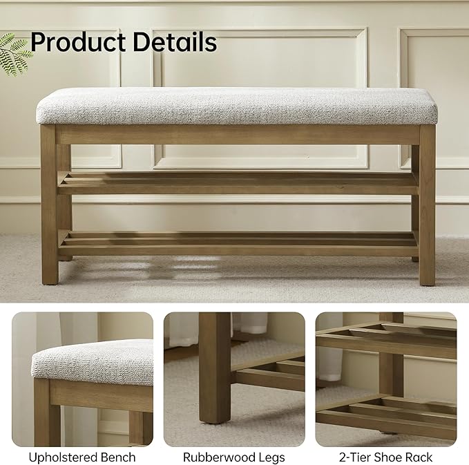 VKNOW Entryway Bench, 44.3” Upholstered Shoe Bench for Bedroom, 2-Tier Storage End of Bed Bench with Rubberwood Legs for Living Room, Hallway, Beige