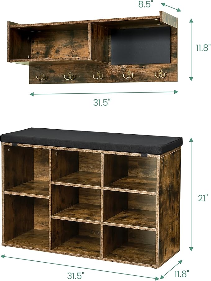 TrailBlaze Hall Tree Shoe Bench Industrial, 31.5 Inch 6 In 1 Coat/Shoe Rack With 5 Hooks 9 Storage Cubbies With Small Blackboard and Bookshelf for Entryway Hallway Living Room (Retro Brown)
