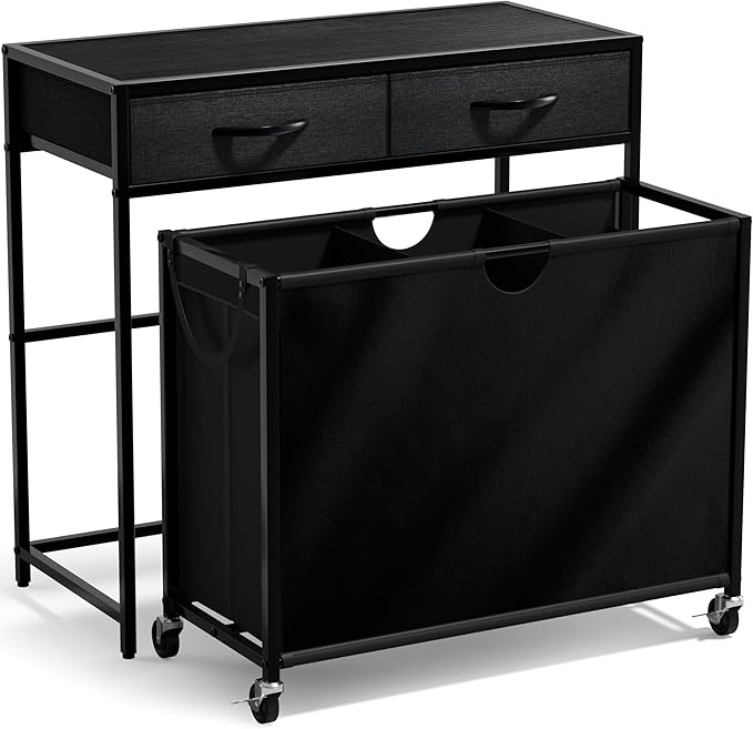 Sorbus 3 Section Laundry Hamper with Shelf and 2 Drawers for Laundry Room Organization, Laundry Basket with Wheels, Rolling Laundry Hamper, Laundry Sorter for Optimal Storage and Organization (Black)