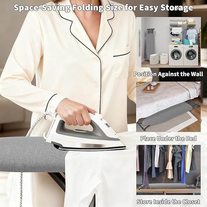 Ironing Board with Porous Iron Rest, 7 Adjustable Heights, 43" x 13", 3-Layer Heat-Resistant Cover & Pad for Home Laundry, Gray