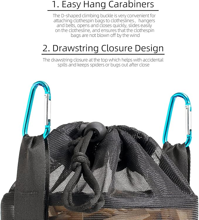 Mesh Clothespin Bag Holder Outside, Multiple Hanging Methods Clothes Pin Bag with Drawstring Closure, Ventilation and Moisture Resistance, Large-Capacity Clothespin Storage Organizer with Hooks