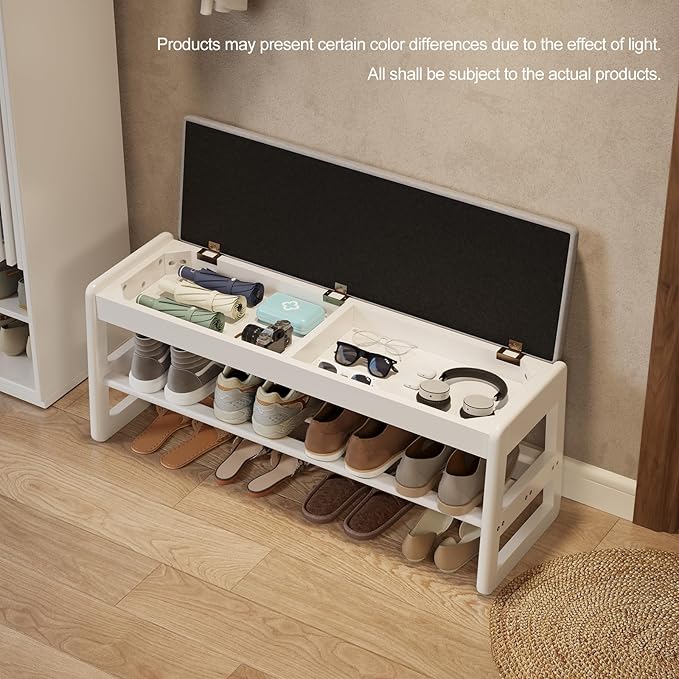 AQIMUELE Shoe Rack Bench,2 Tiers Shoe Bench with Storage with Flip-Top,Wood Shoe Rack for Entryway,Hallway（White Upholstered Seat）