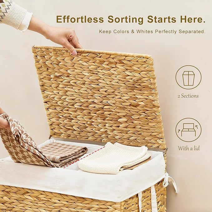 2-Section Laundry Hamper with Lid, Large Capacity Woven Natural Water Hyacinth Laundry Sorter with Removable Liners, Rolling or Non-Slip Design for Bedroom(Natural, 100L)