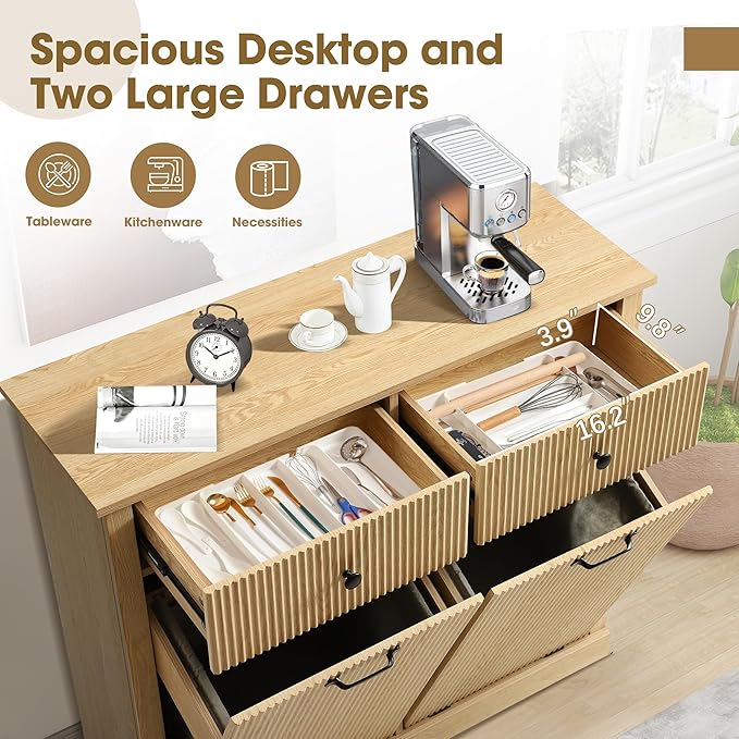 Grepatio Double Laundry Hamper, Tilt Out Laundry Hamper Cabinet, Fluted 22 Gallon Hidden Trash Can, Wooden Garbage Can Cabinet with 2 Drawer, Free Standing for Bathroom, Kitchen (Natural, Double)