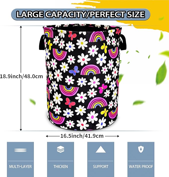 Cute Daisy Rainbow Laundry Basket Butterfly Cartoon Foldable Oxford Cloth Funny Tote Bag Laundry Hamper Clothes Storage Bucket Toy Organizer For Bathroom/Laundry/Bedroom 18.9x16.5 In
