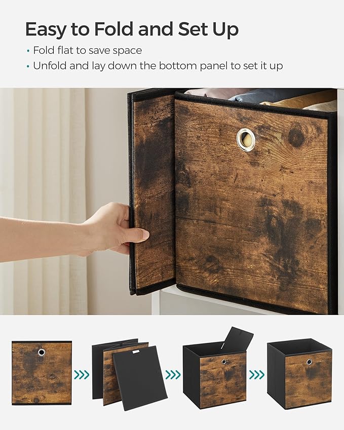 SONGMICS Storage Cubes, Set of 6 Storage Bins with Handles, Foldable Oxford Fabric and Non-Woven Fabric Storage Boxes, 13x13x13 Inches, Fit Cube Storage Unit, Rustic Brown URFB133B01