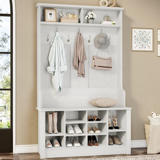 Itaar Hall Tree with Storage Bench, 3-in-1 Entryway Bench with Coat Rack, Adjustable Shoe Storage and Hanging Hooks, Embossed White