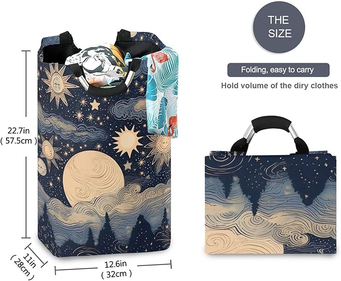 xigua Stars and Moon Large Laundry Hamper with Handle, Foldable Clothes Hamper Collapsible Storage Basket for Toys and Clothes Organization in Bedroom, Bathroom, and Laundry Room