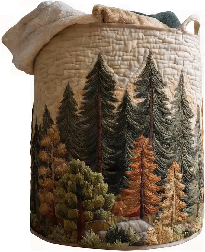 Quilted Laundry Basket with Handles, Boho Floral Fabric Storage Hamper, Large Soft Quilted Laundry Basket for Nursery, Bedroom, Laundry Room,Clothes & Toys (Forest Trees Pattern A, L)