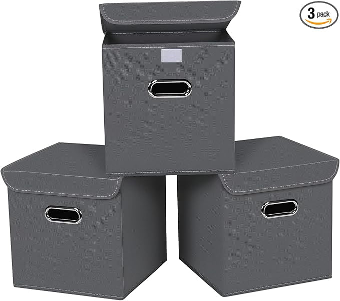 Closet Organizers Fabric Storage Bins With Lids Collapsible Cube Storages Organizer Basket With Handles,Storage Boxes for Clothes Storage,Office,Toys,3 Pack,（Grey