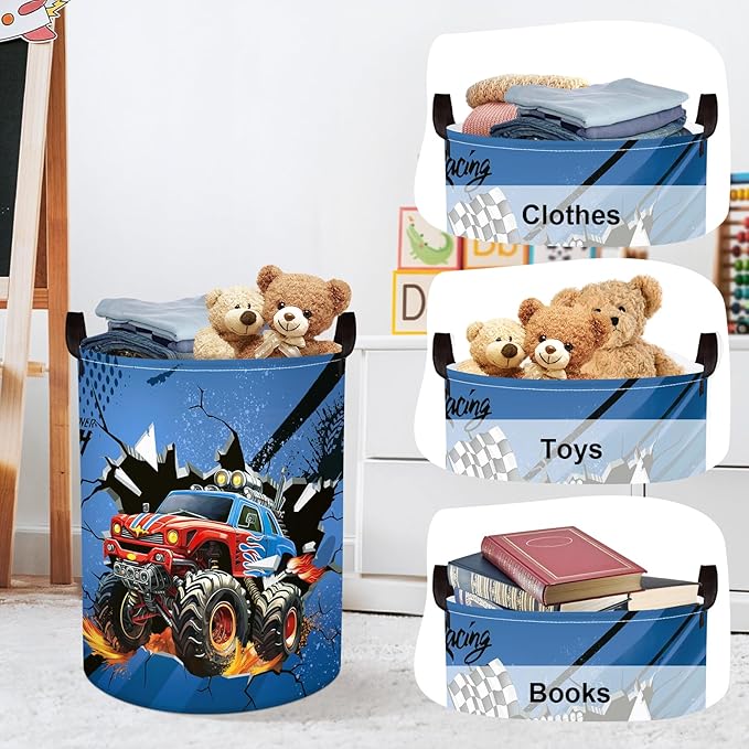 Racing Car Baby Laundry Hamper with Handle Clothes Kids Storage Basket Collapsible Boys Gift Toy Box Bin for Nursery Room, Blue, 63L