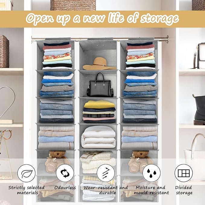 2PCS Hanging Closet Organizer, 6-Shelf Hanging Storage Shelves Wardrobe Clothes Organizer Cloth Hanging Shelves Foldable for Closet Bedroom Home (2PCS 6-Shelf)