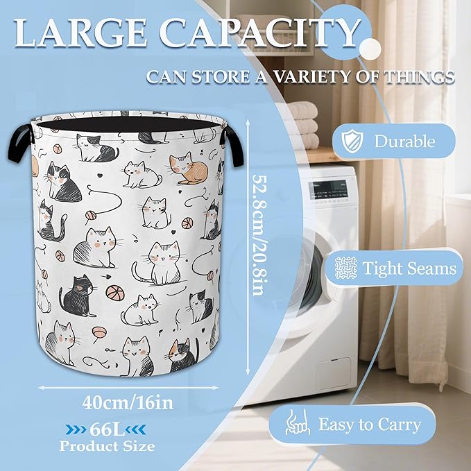 Cartoon Cat Laundry Basket Collapsible Laundry Hamper Oxford Storage Bin for Clothes Storage, Toy Organizer, Books and Sundries 16" X 20.8"