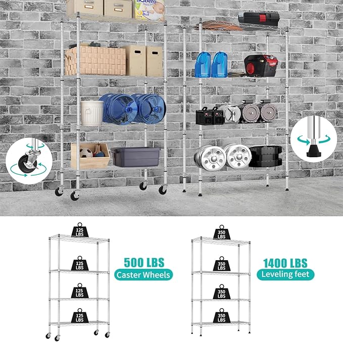 YRLLENSDAN Storage Shelves with Wheels, Heavy Duty 4 Tier Garage Storage Rack, Adjustable Wire Shelving Unit, Metal Shelf Organizer for Pantry, Kitchen, Basement, 36" W x 14" D x 62" H, Chrome