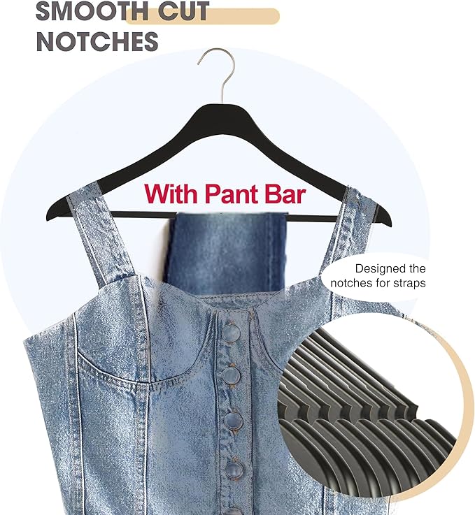 Ultra Thin Wooden Natural Slim Wood Coat Hangers 17.7 inch Space Saving Black Wooden Adult Clothes Hangers,20 Pack Heavy Duty Suit with Pant Bar for Jacket Shirt Suit Pants