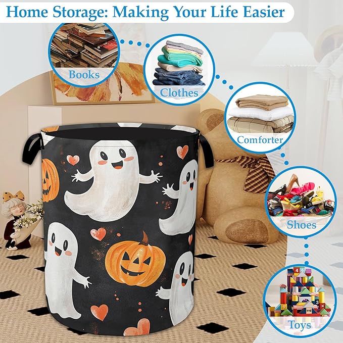 Halloween Ghost Pumpkin Laundry Basket Collapsible Laundry Hamper Clothes Toy Storage Bin for Bathroom Bedroom Room Decor 16" X 20.8"