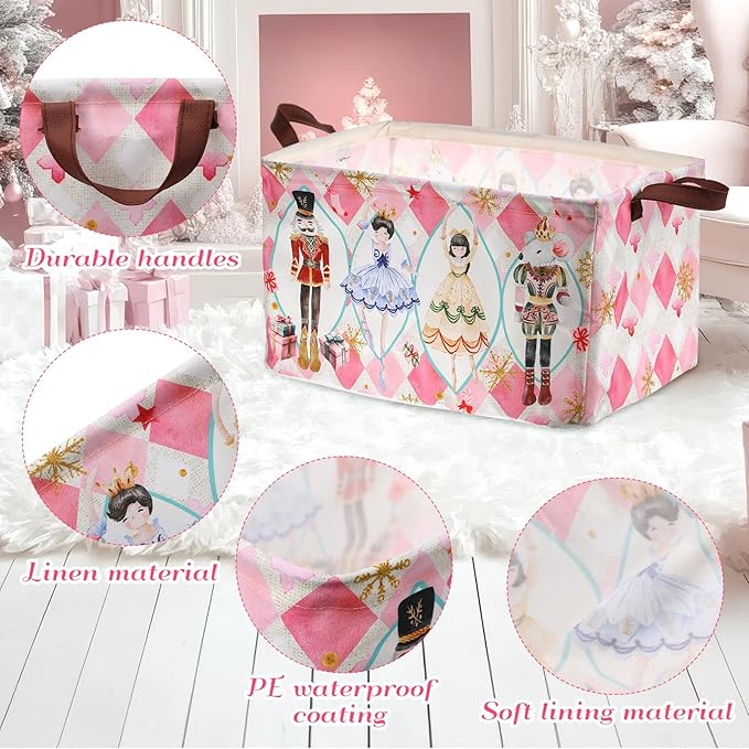 Vesici 6 Pack Pink Nutcracker Christmas Basket for Gifts Empty Christmas Tree Storage Bins Foldable Xmas Gift Basket Rectangle Soldier Ballet Girl Clothes Storage Boxes Organizer with Handle for Home