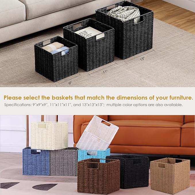 Vagusicc Wicker Storage Basket, Set of 2 Hand-Woven Storage Baskets for Shelves with Handles Foldable Cube Storage Baskets Bins, 9 inch Wicker Baskets for Pantry Bedroom Organizer &Decor, Natural