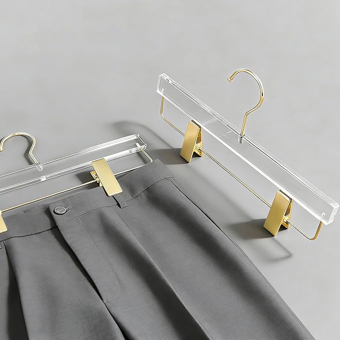 Besser Gold Acrylic Hangers,20 Pack Clear Hangers with Gold Hooks,Luxurious Skirt Pants Hangers Gold Clips for Clothing Closet Storage