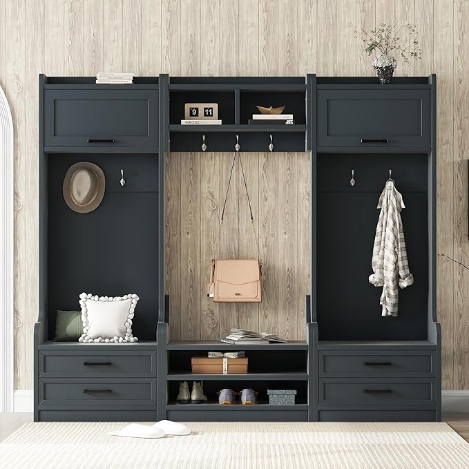 4-in-1 Detachable Hall Tree with Storage, Wood Entryway Coat Hanger with Drawers and Cabinet, Open Storage Shelves, 7 Hooks, Multiple Functions Hallway Coat Rack for Entryway (Antique Blue,205)