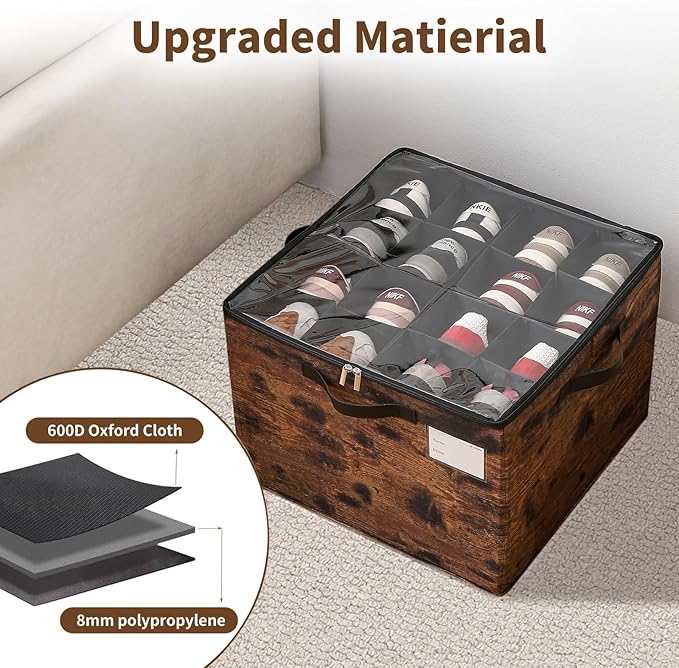 Varhomax Shoe Organizer Box for Closet, Fabric Shoe Storage Bin with Adjustable Dividers & Clear Cover, Holds up 16-32 Pairs of Sneakers & Sandals for Entryway, Cubby (Rust Brown)