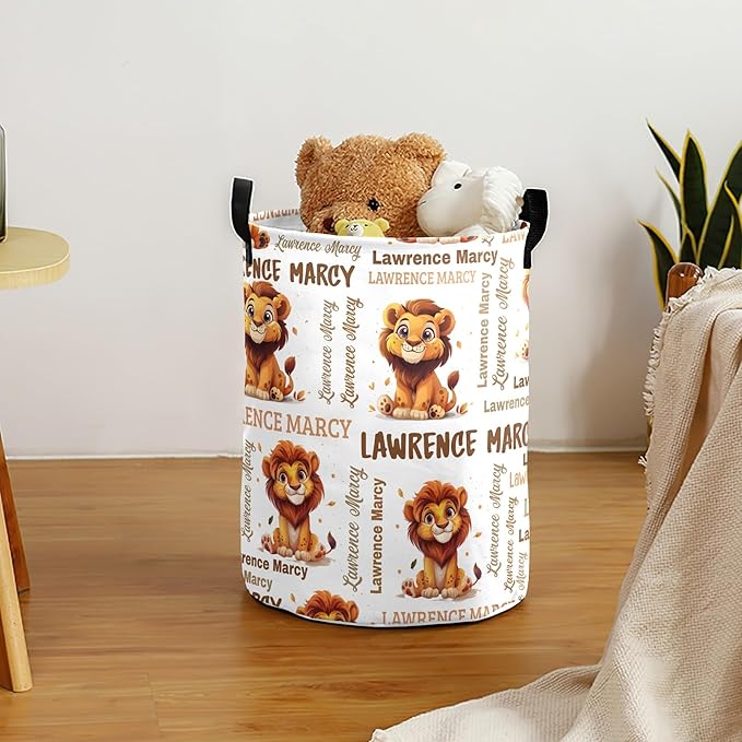 Large Custom Name Laundry Hamper, Lion Personalized Dirty Clothes Hamper Storage Basket with Name for Bathroom Bedrooms, Customized Name Circular Hamper with Handles for Baby Boys Girls Men Women